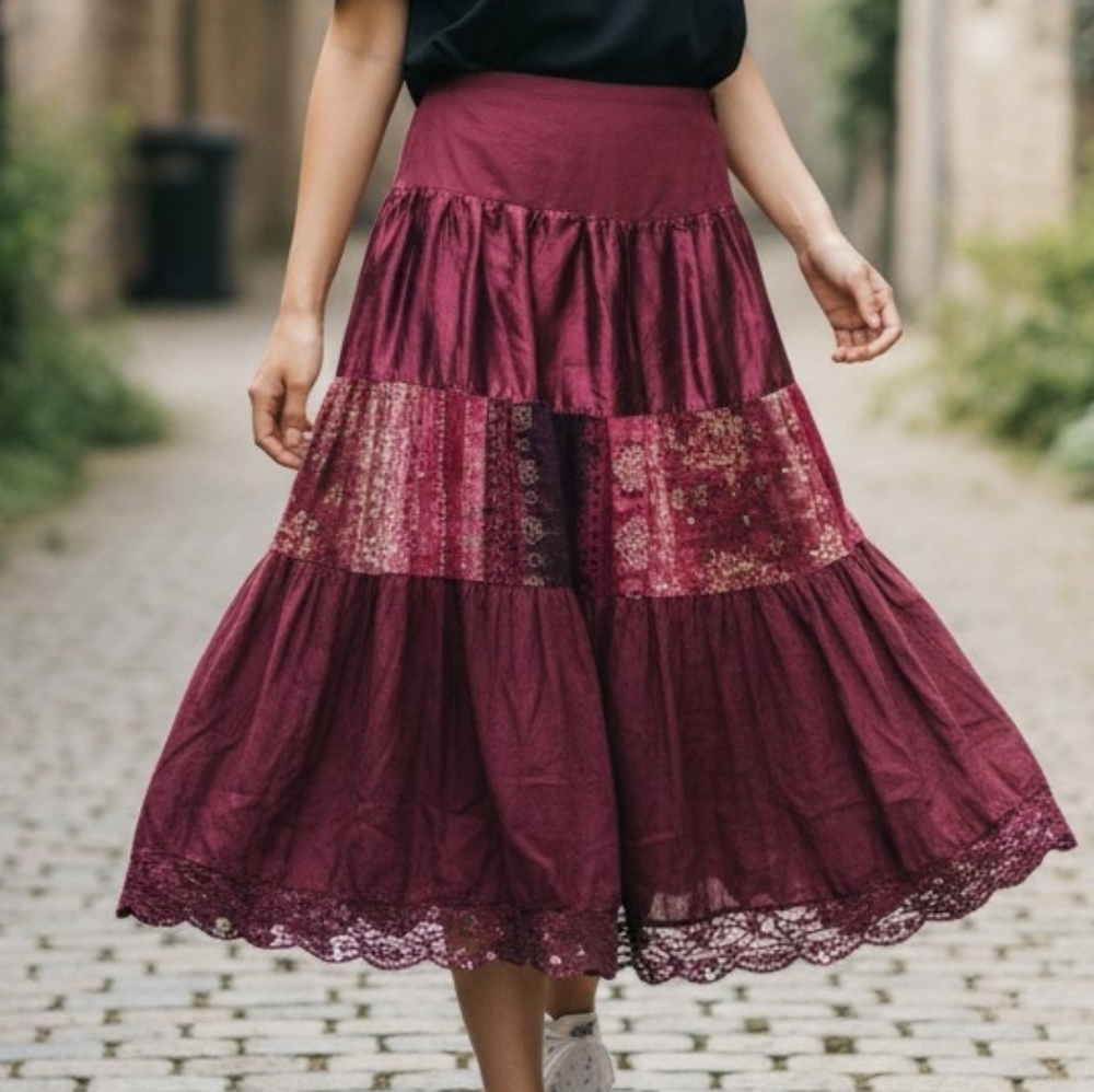 Dolled Up Patchwork Tiered Midi Skirt | Lace Hem | Boho | Size M